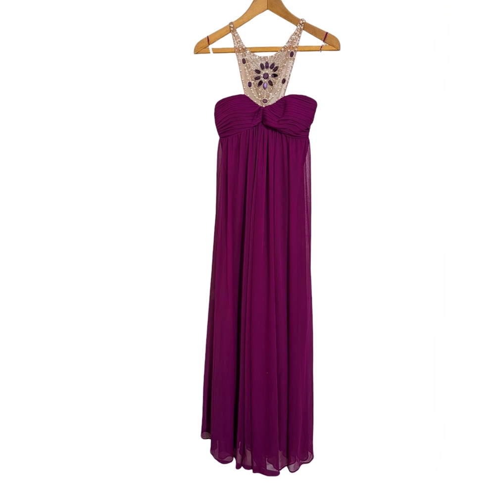 Adrianna Papell Halter Gown Beaded Gems Chiffon Purple Magenta Women's 8